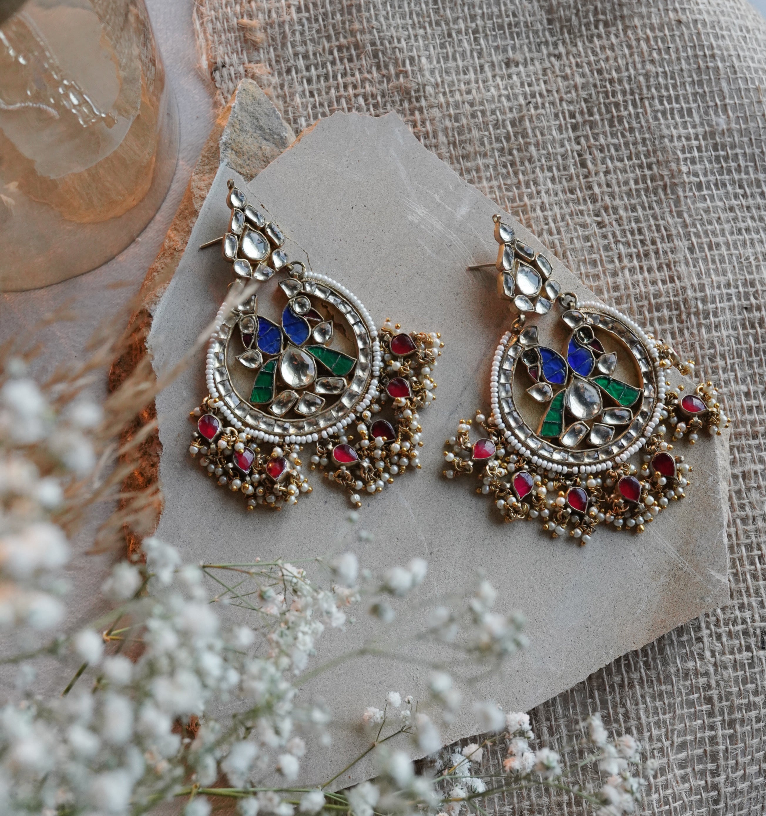 Miraya Peacock Chandbalis – 22K Gold Plated | Ruby Kundan Drops