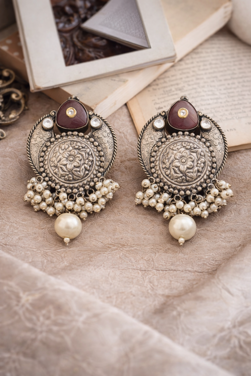 Elora Solid Silver Chandbali with Peach Drop