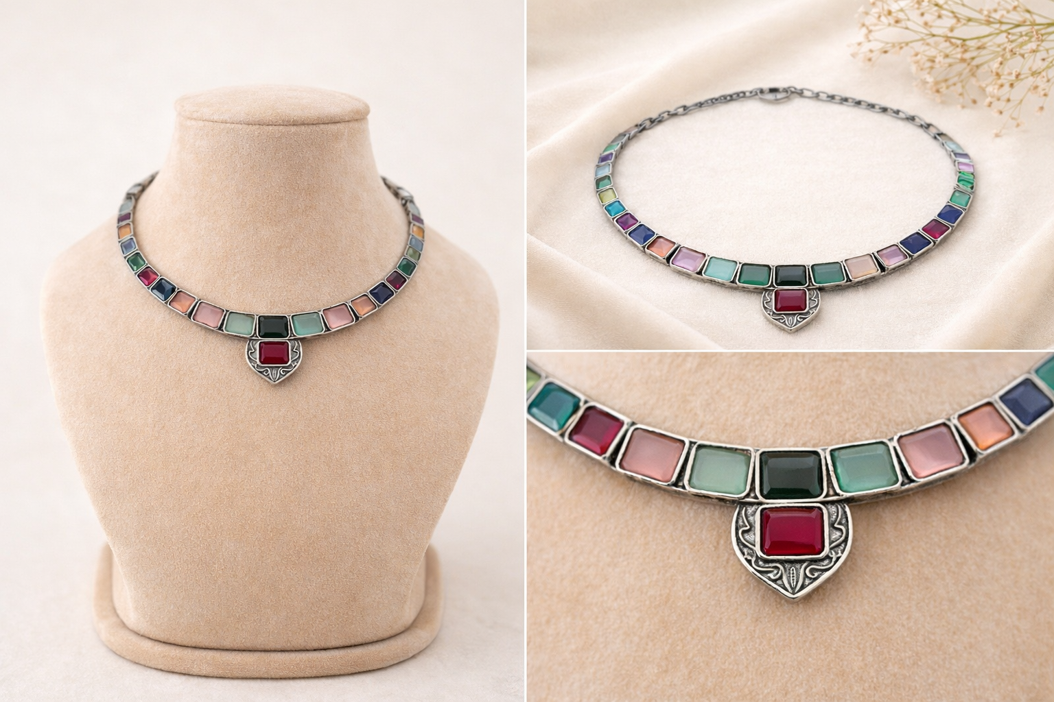 ✨ Navrangi Shyla Choker – Multicolour Stone Silver‑Finish Statement Necklace