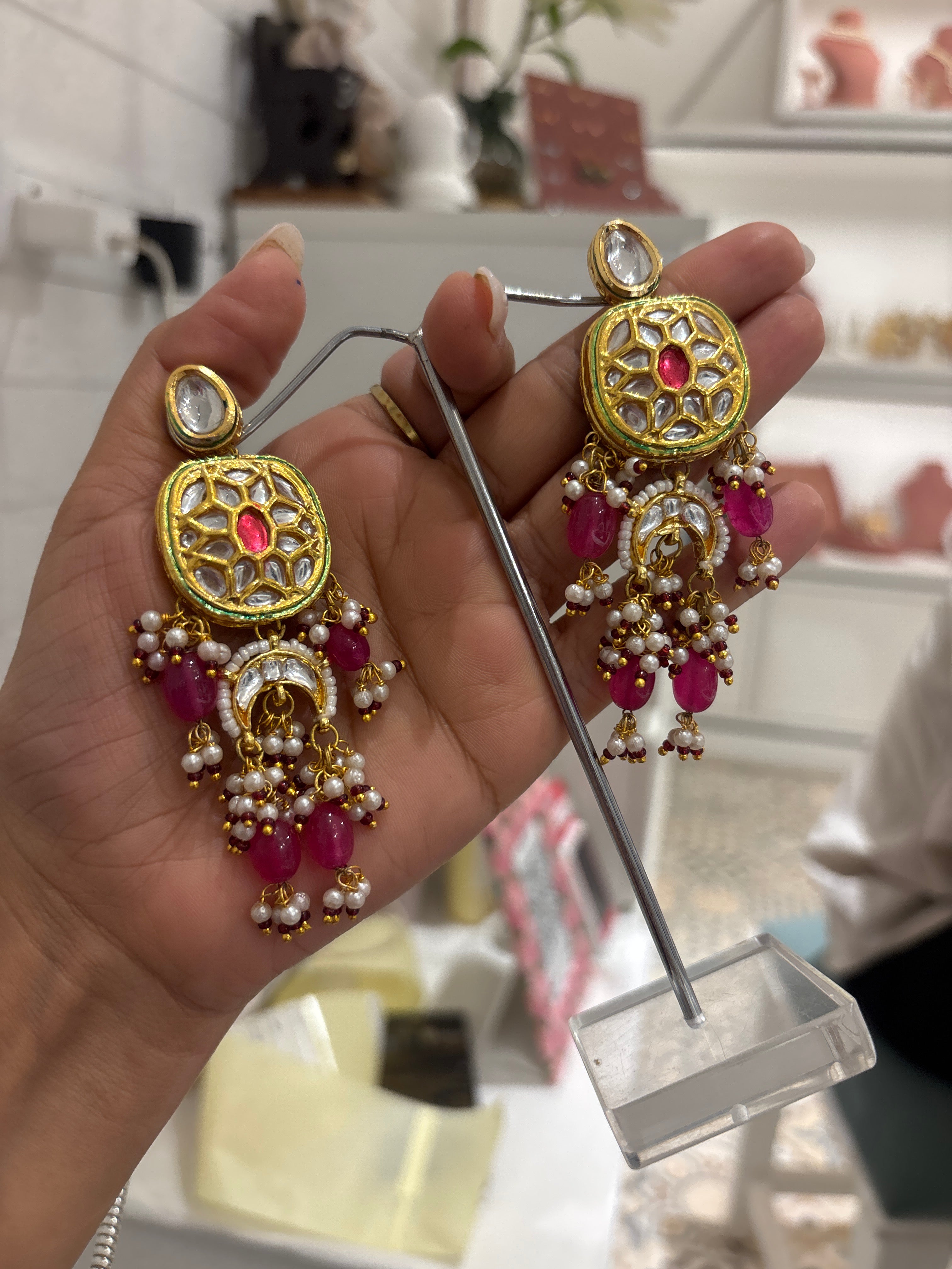 Traditional Kundan Pearl Drop Earrings with ruby beads