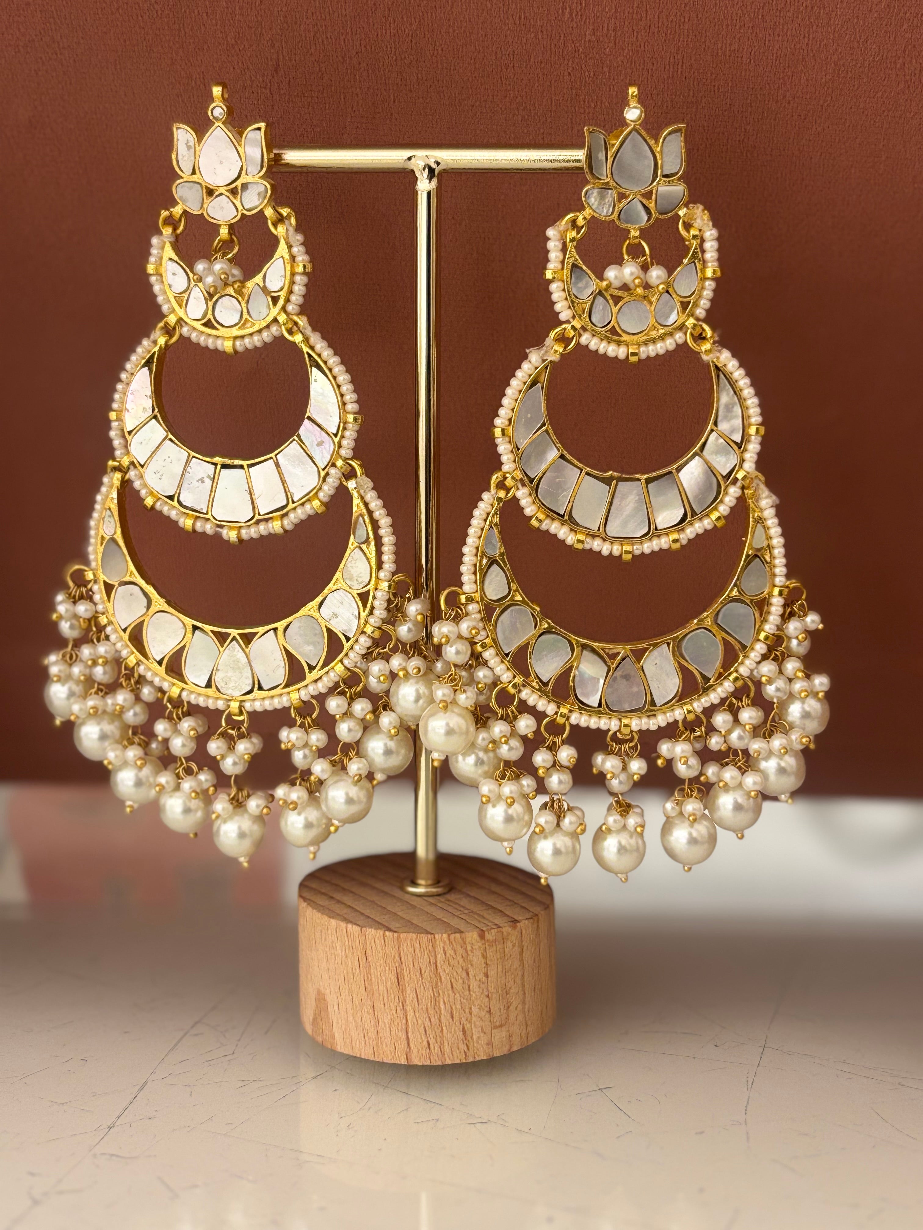 Noora Mother of Pearl Triple-Chand Chandbali Earrings- made to order