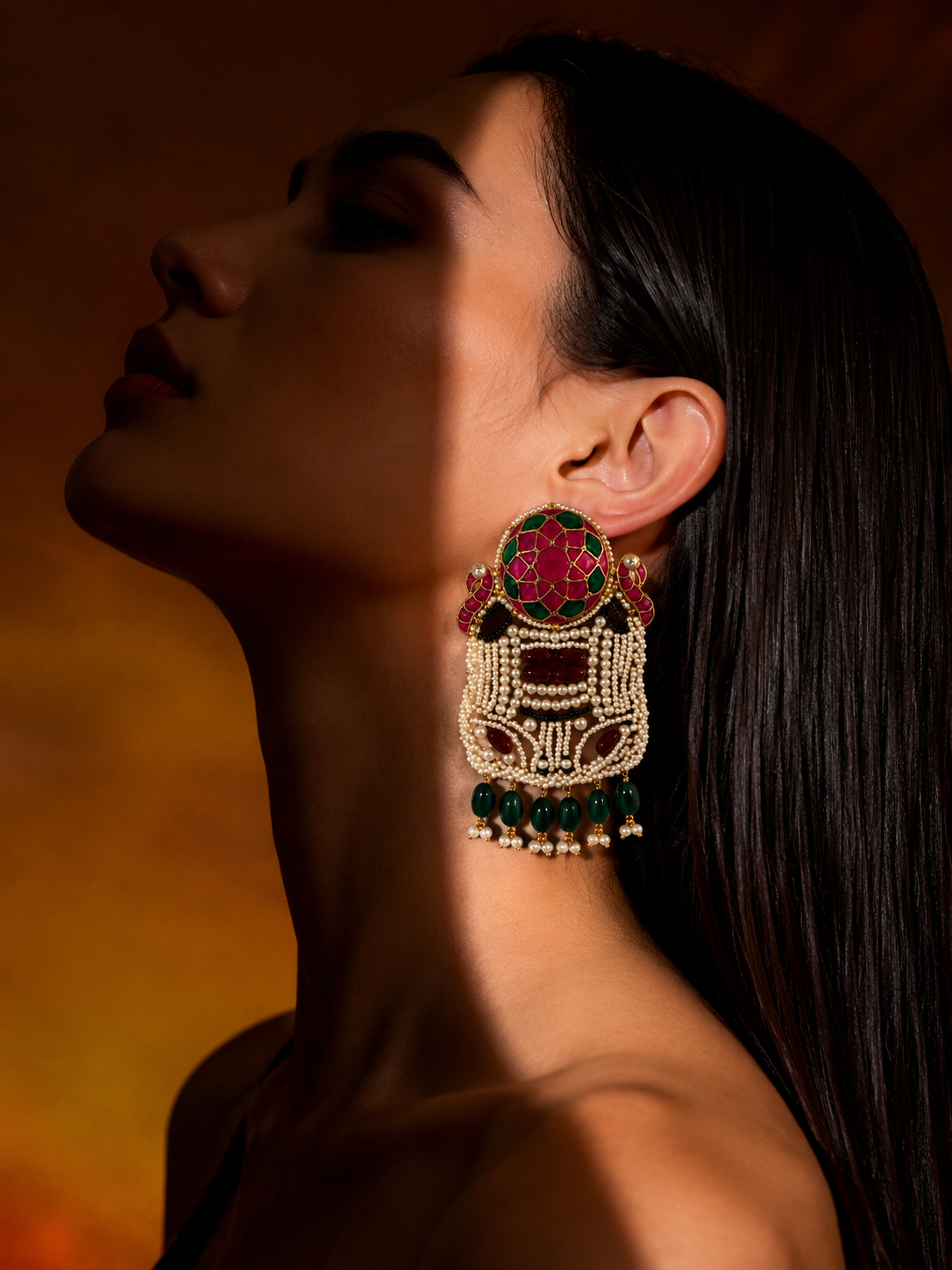 Royal Meenakari Pearl Statement Earrings with Green Beads | Heritage Festive Earrings