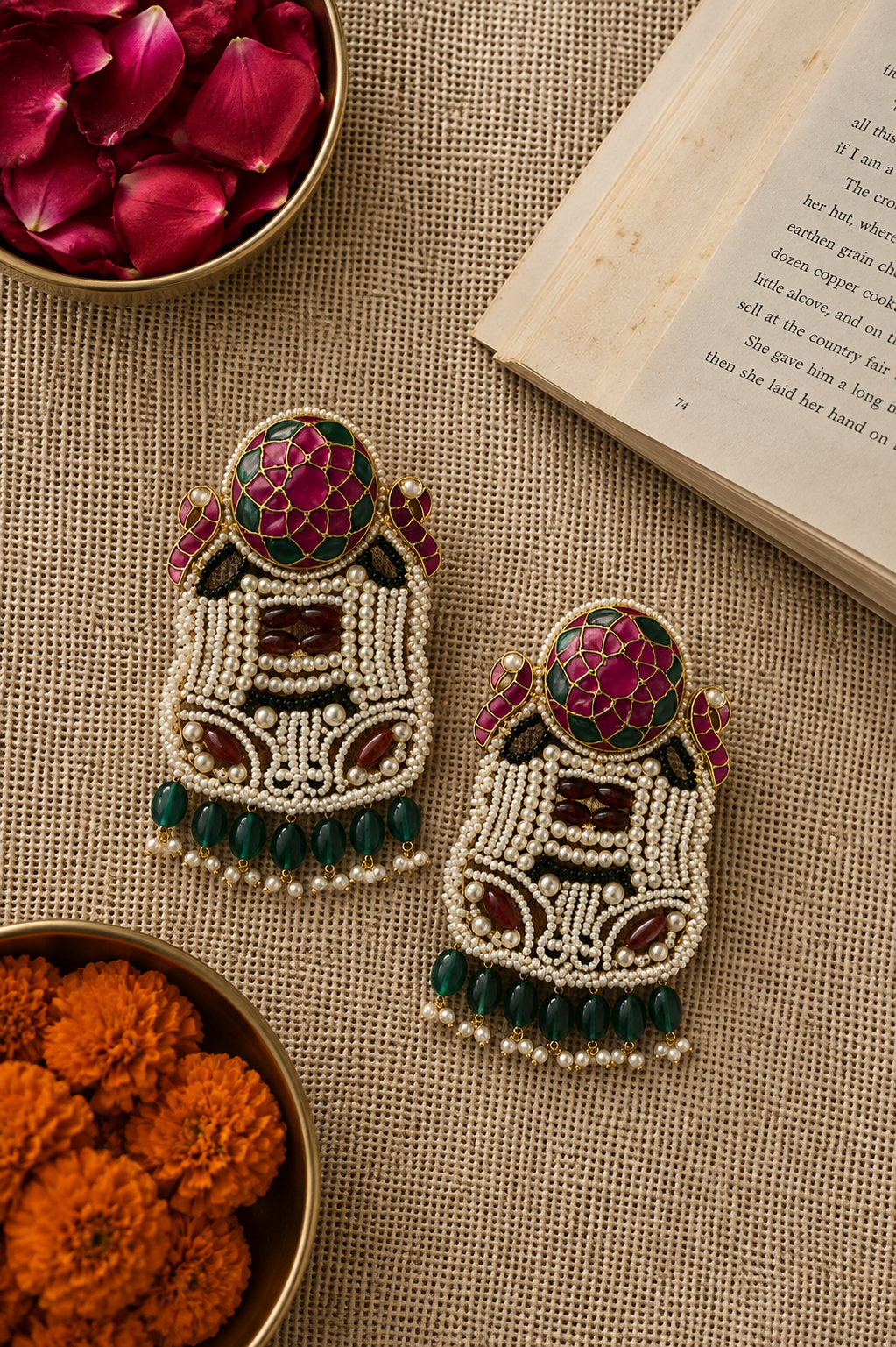 Royal Meenakari Pearl Statement Earrings with Green Beads | Heritage Festive Earrings