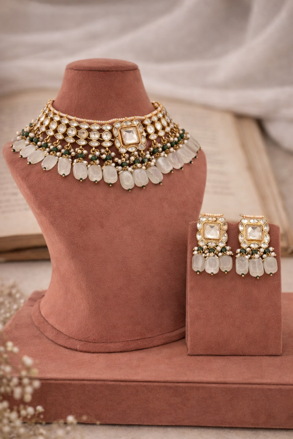 Pachi Kundan Necklace Set with Stud Earrings & Drop Detailing