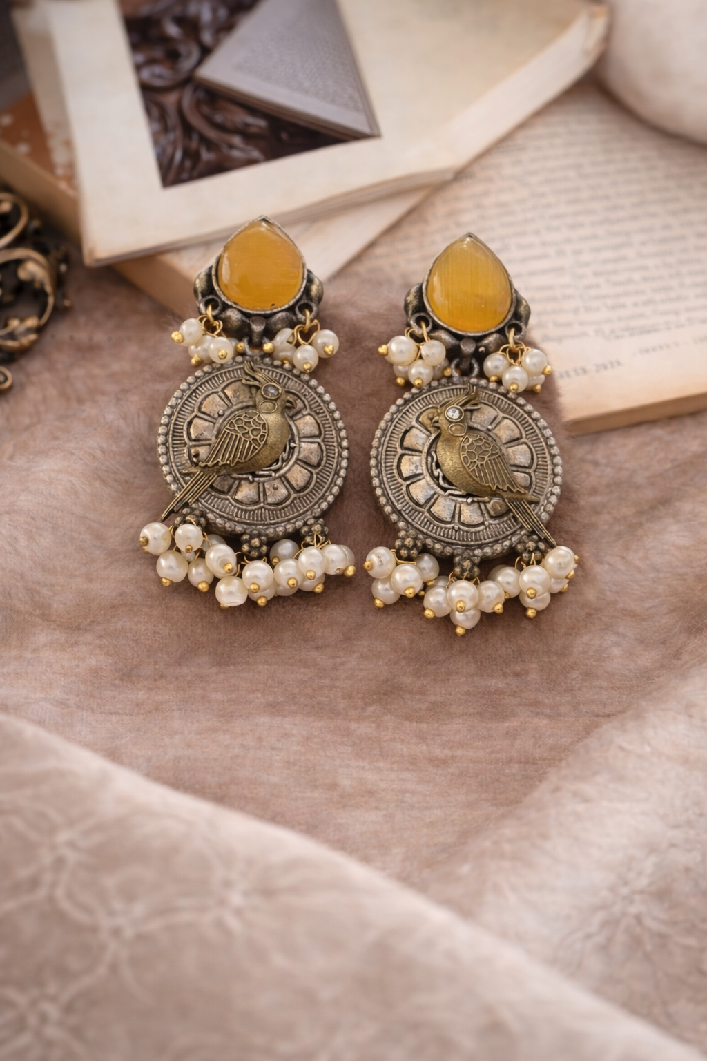 Mayura Silver Chandbali with Melon Yellow Centre Stone