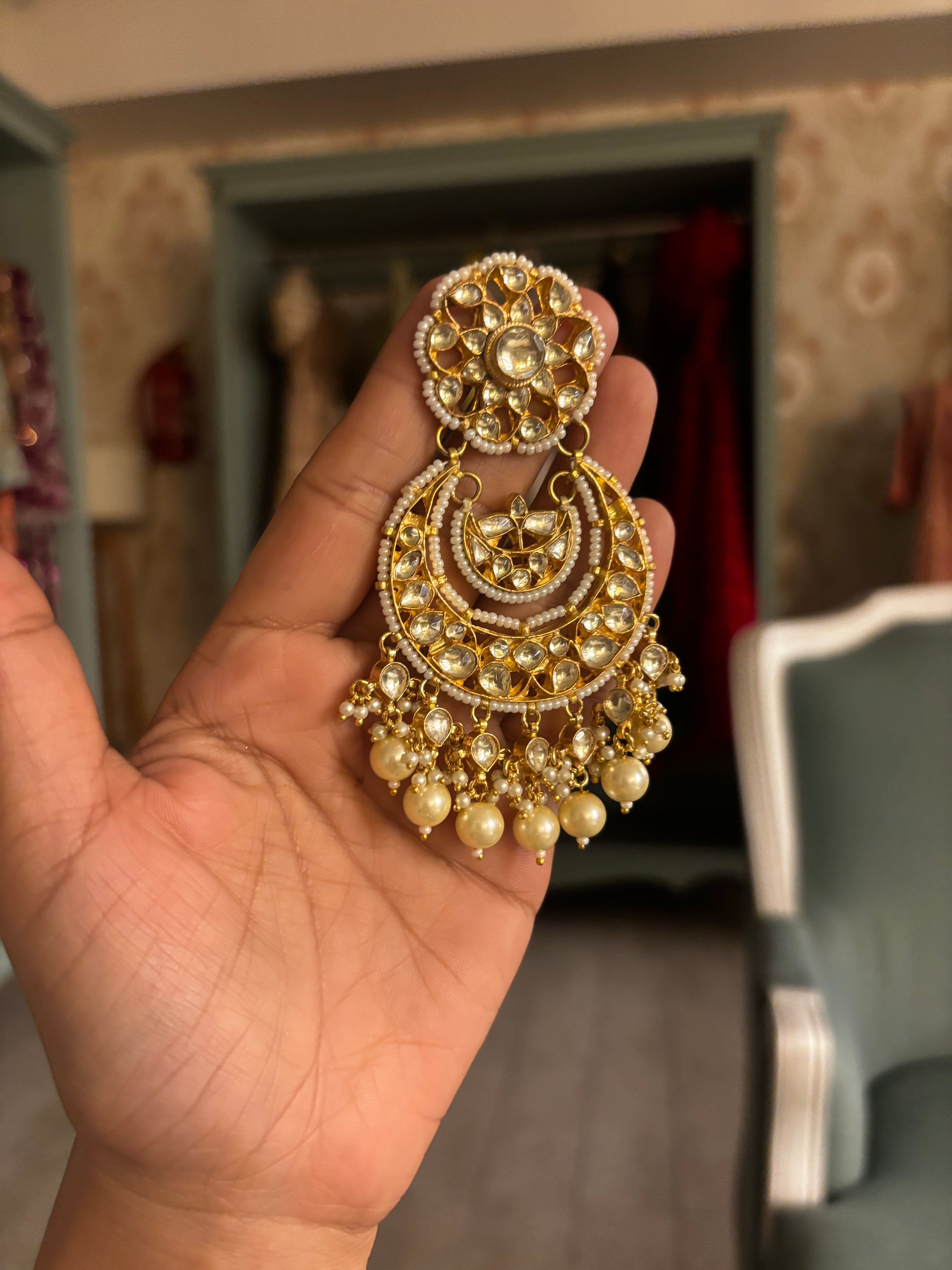 Noor Pearl Kundan Chandbali Earrings