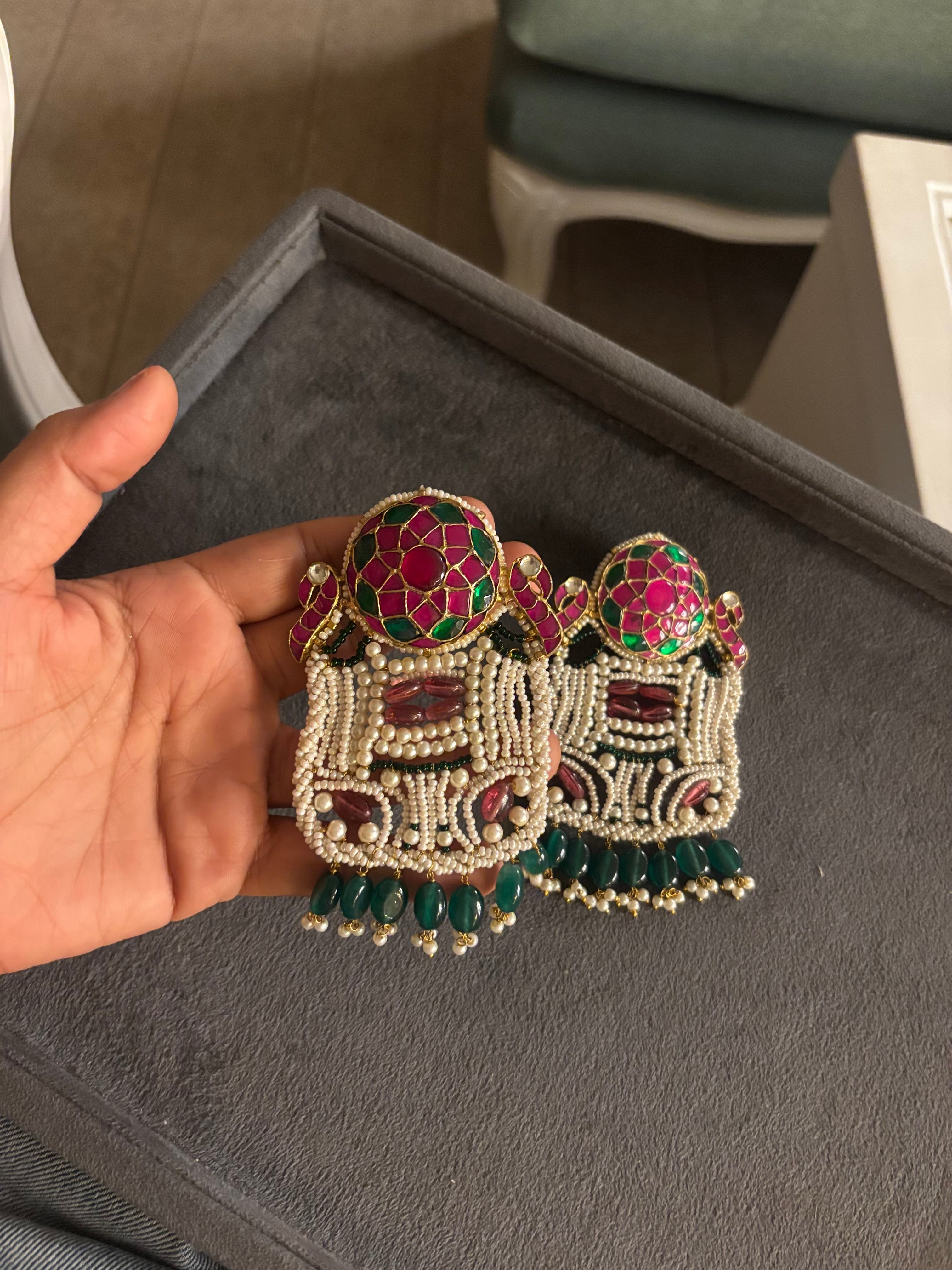 Royal Meenakari Pearl Statement Earrings with Green Beads | Heritage Festive Earrings