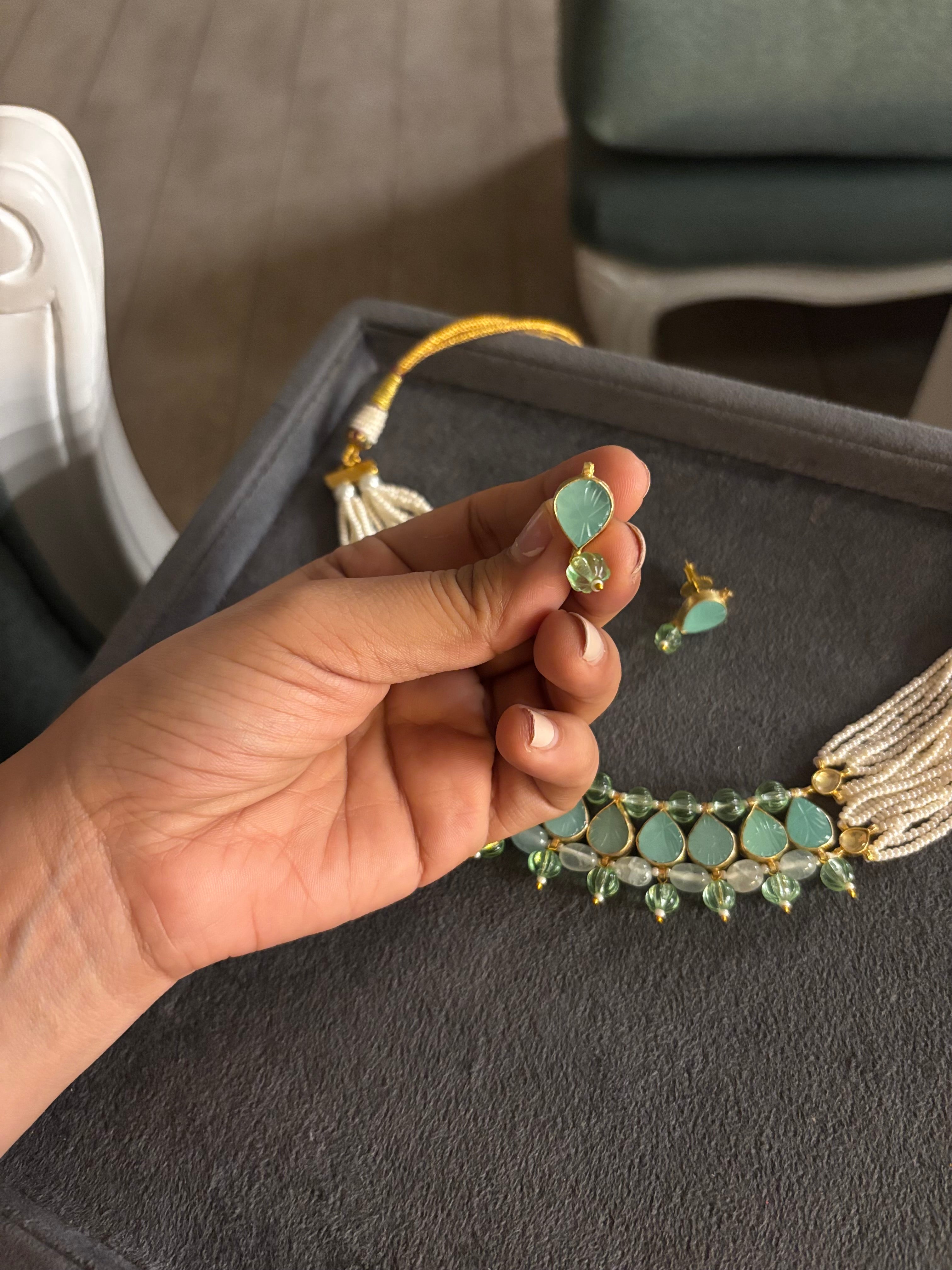 Meher Mint Beaded Statement Necklace Set