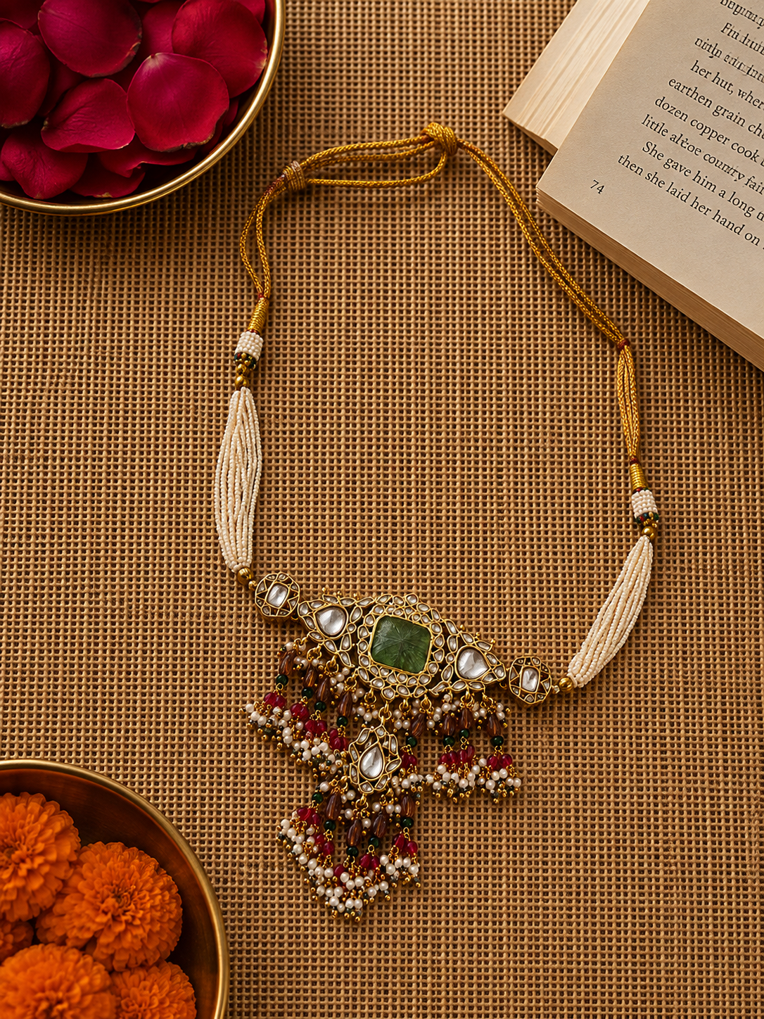 Handcrafted forest green Kundan necklace set with ivory bead strands and multicolour bead tassels displayed on a textured neutral background.