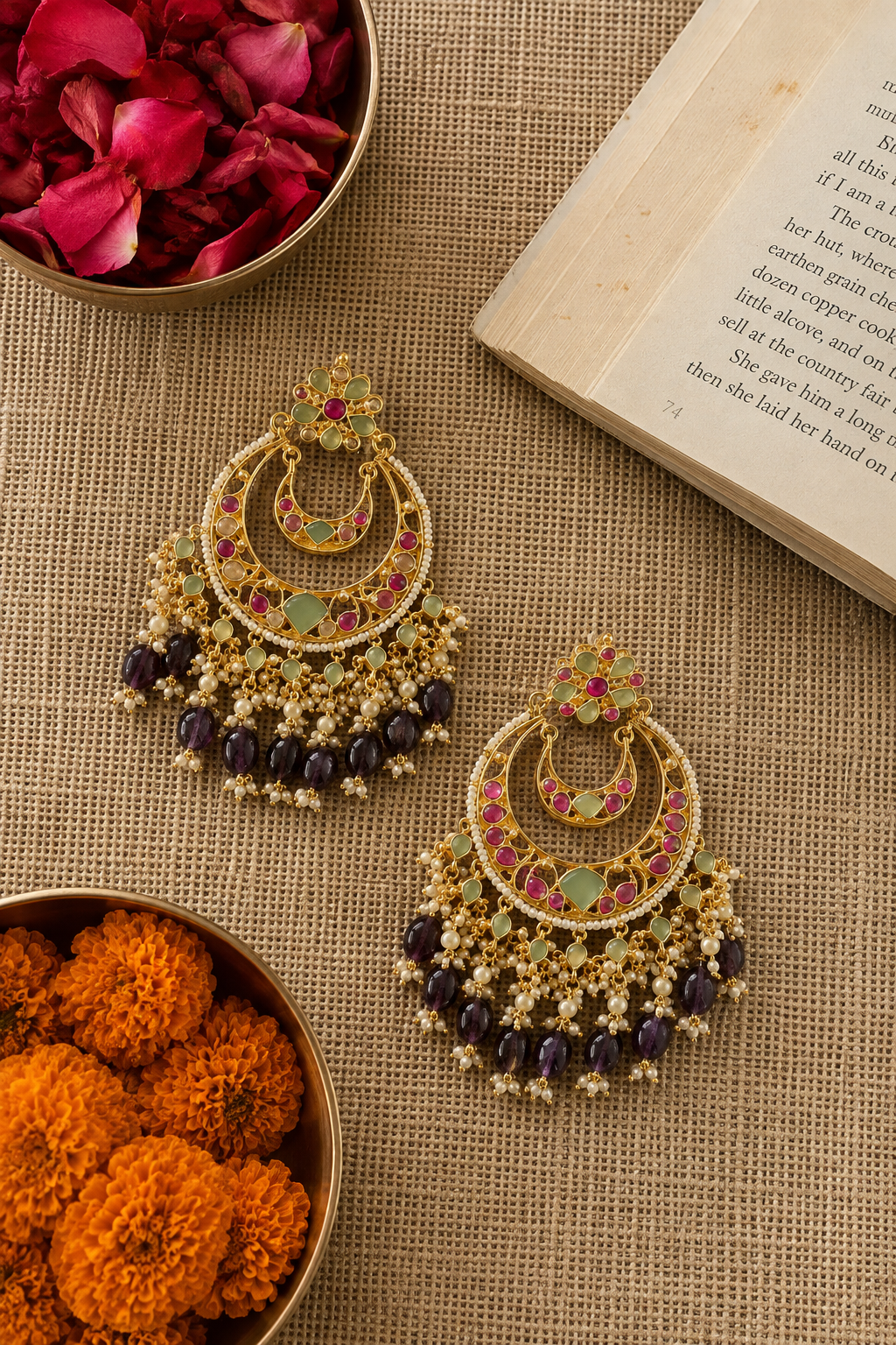 Royal meenakari chandbali earrings with pearl detailing, pink and green stones, and amethyst bead drops.