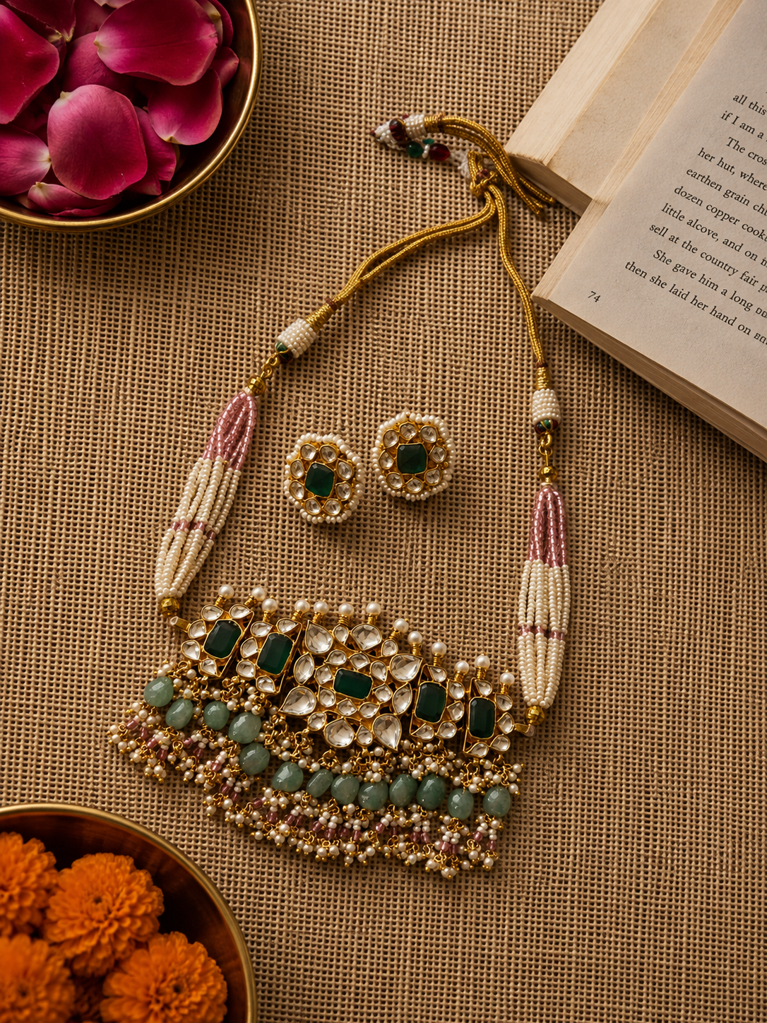 Handcrafted emerald green Polki choker necklace with pearl and pastel bead detailing, adjustable dori, and matching stud earrings by Naazuk Jewels.