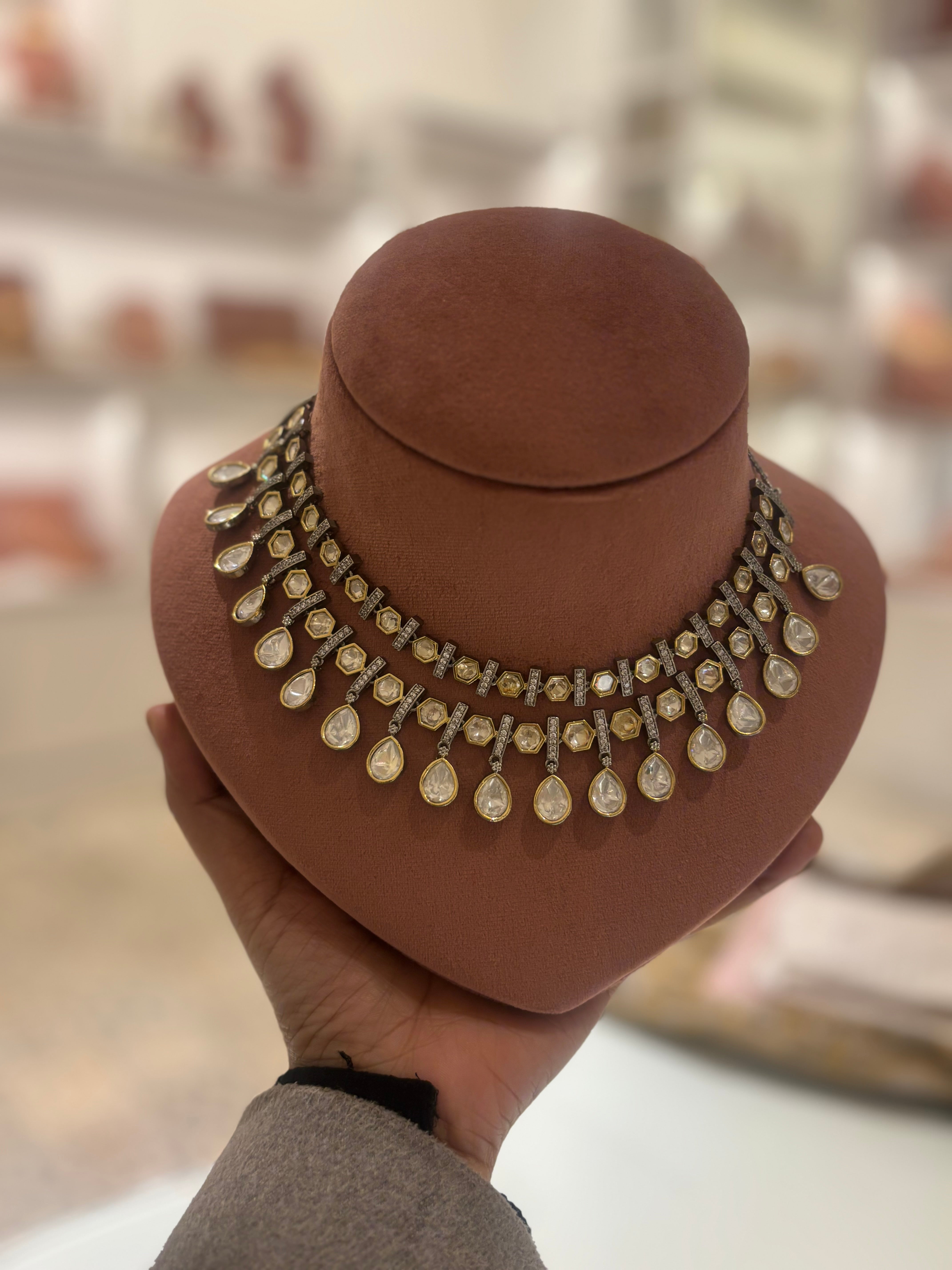 Elara Victorian Polki Double-Line Necklace Set
