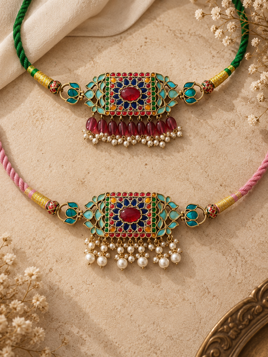 Multicolour Meenakari Kundan choker with red green stones and pearl drops worn on a model