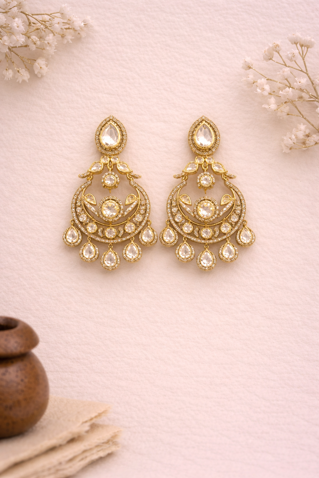 Ornate gold earrings with clear stones on a soft pink background