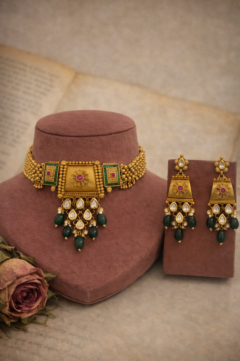 Vrinda Antique Gold Emerald Necklace Set