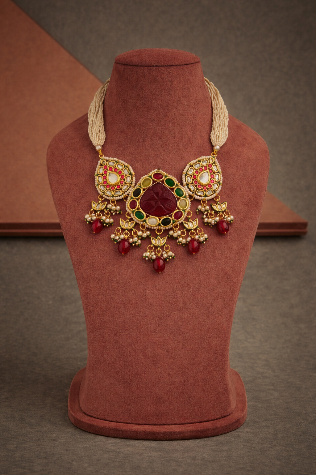 Navya Ratna Ruby Aura Gold Look-Alike choker Set with Earrings