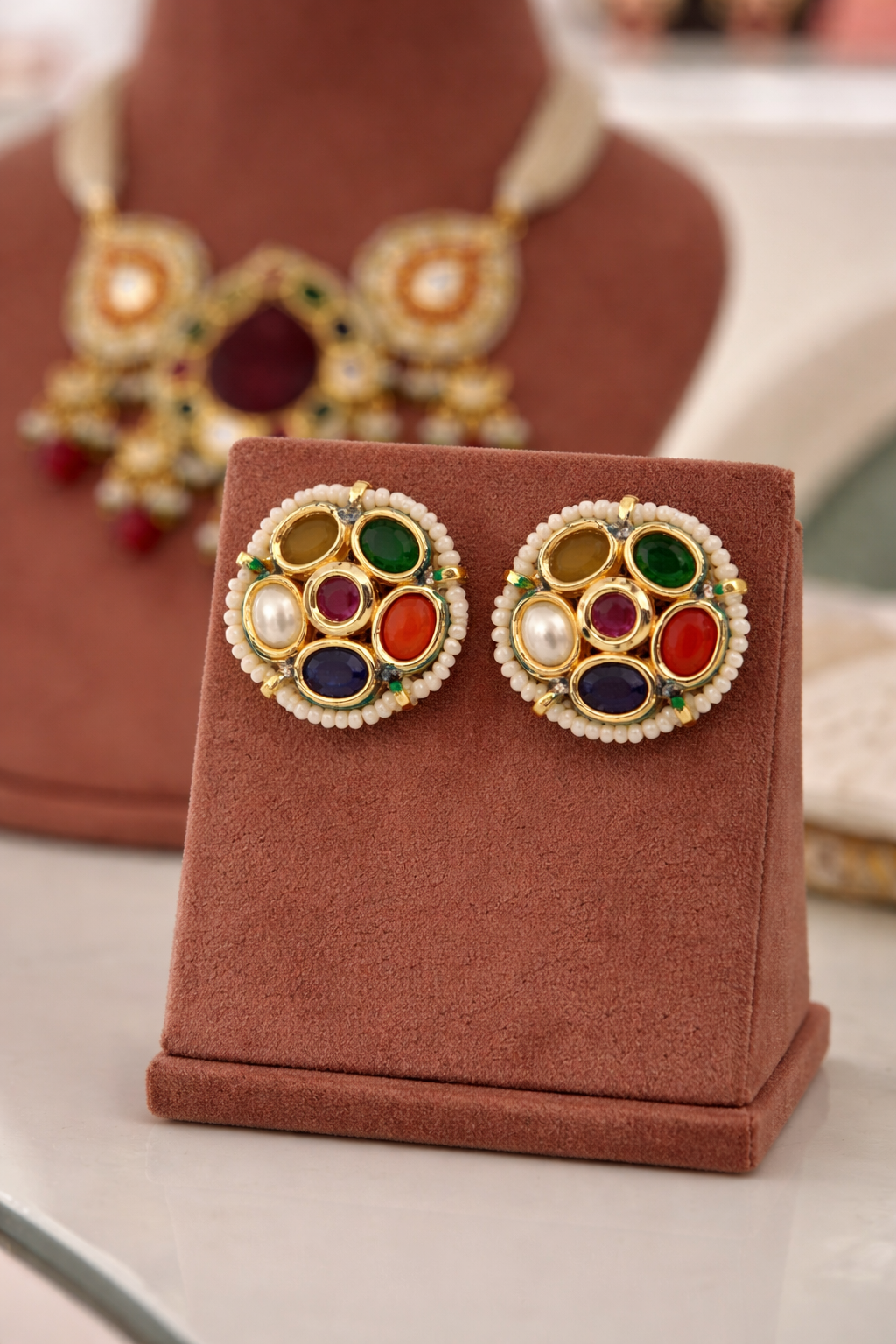 Navya Ratna Ruby Aura Gold Look-Alike choker Set with Earrings