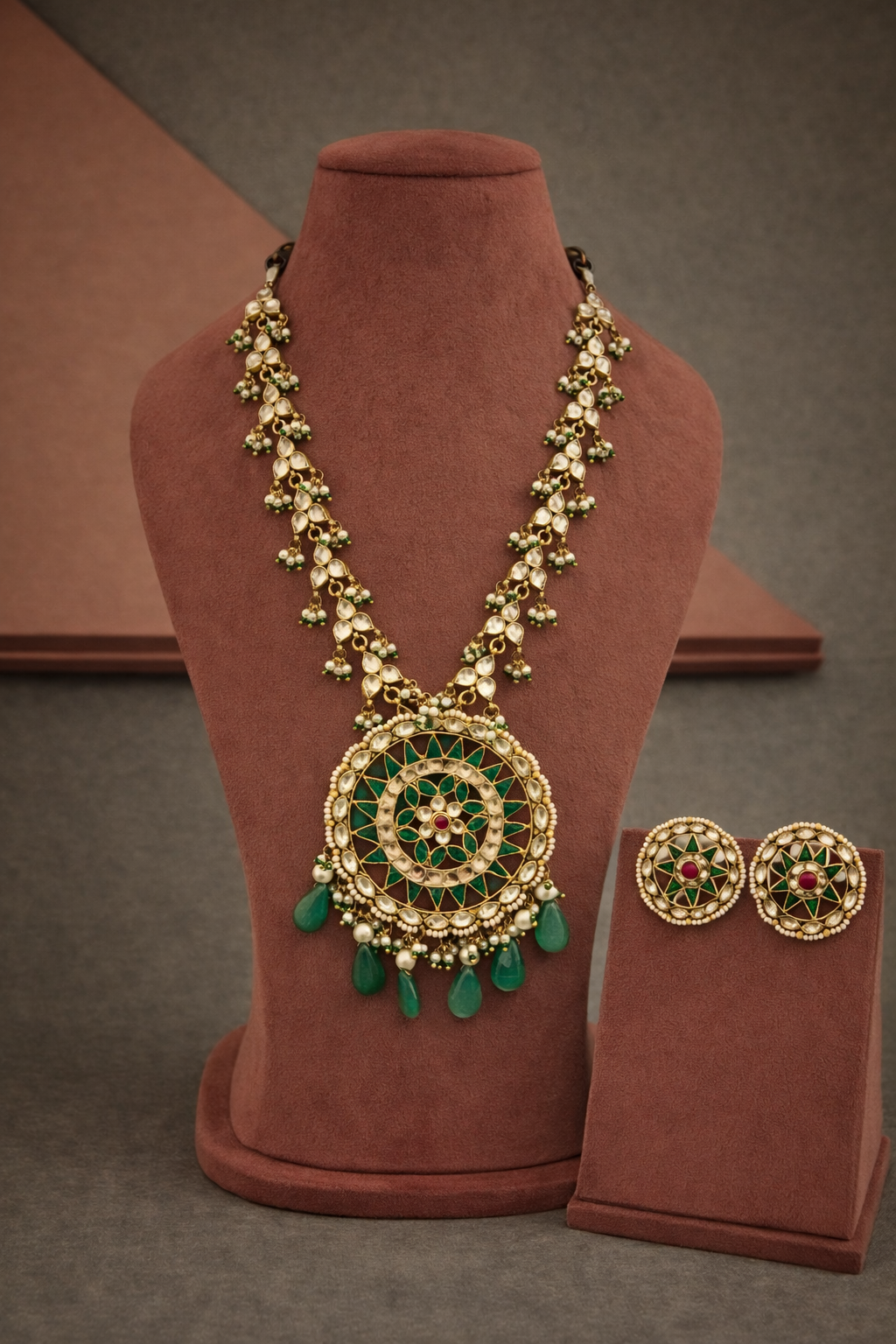 Aarvika Emerald Finish Long Mala with Solid Pendant