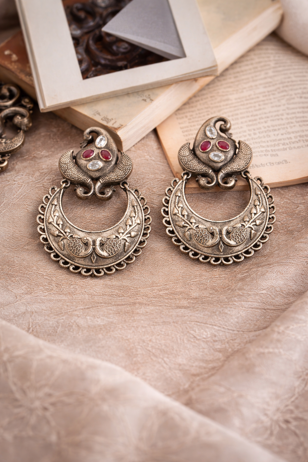 Zareen Carved Silver Chandbali Earrings