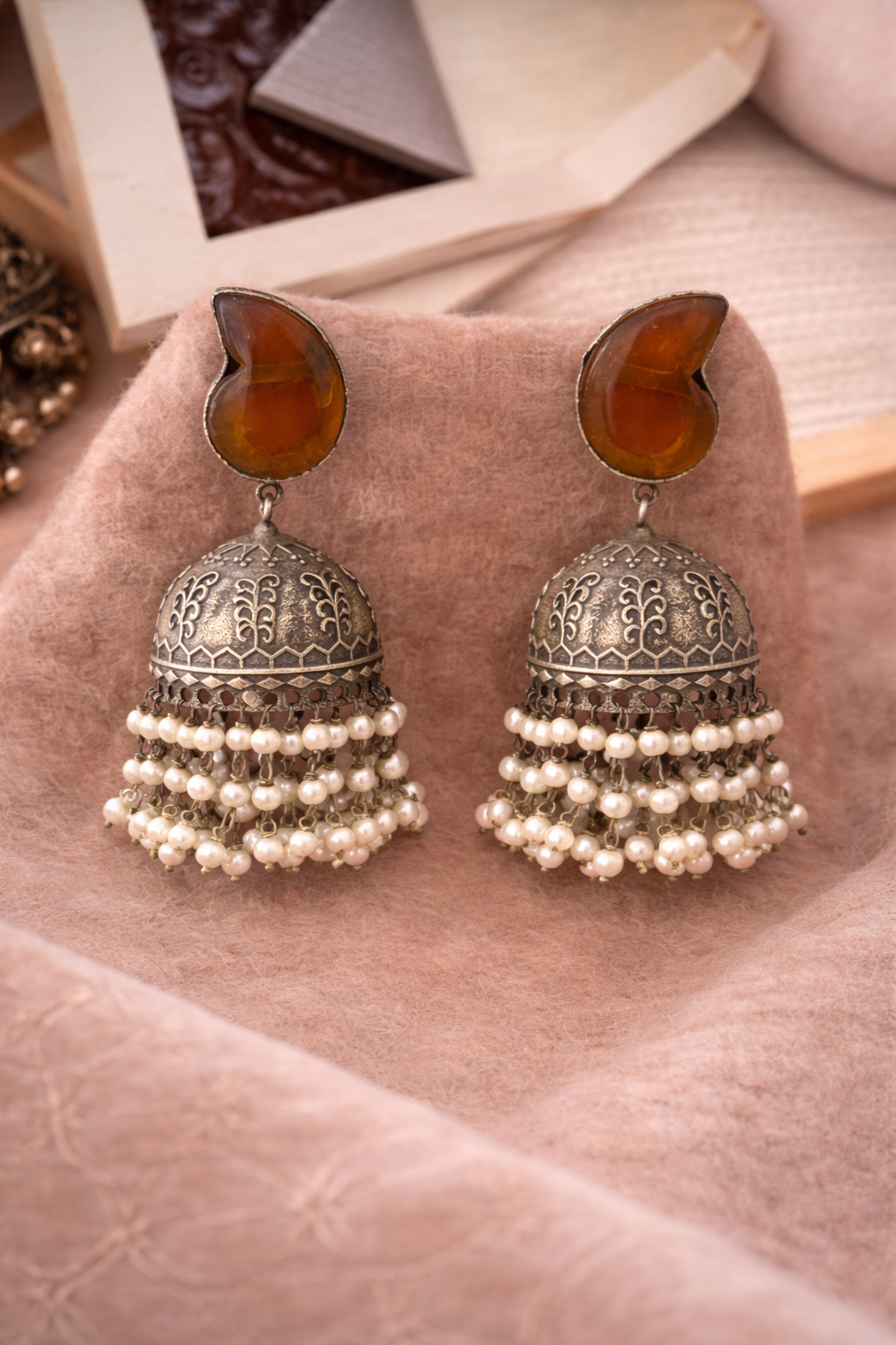Saanjh German Silver Jhumka Earrings
