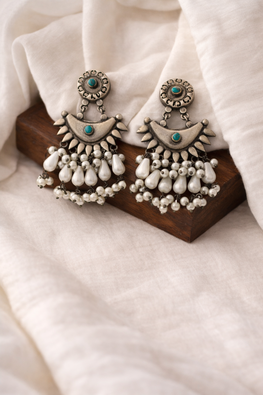 Firoza Silver Mini Chandbali with Firozabad Detailing