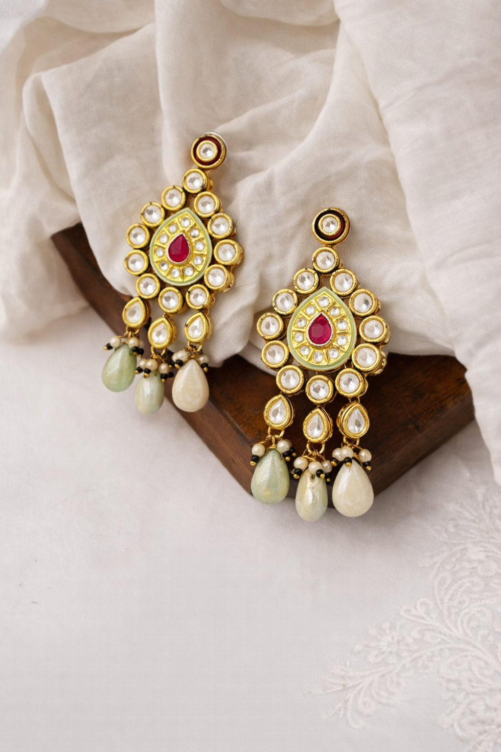 Rubyra Noor Chandbalis – Medium Kundan Earrings with Ruby Centre (Clearance Sale)