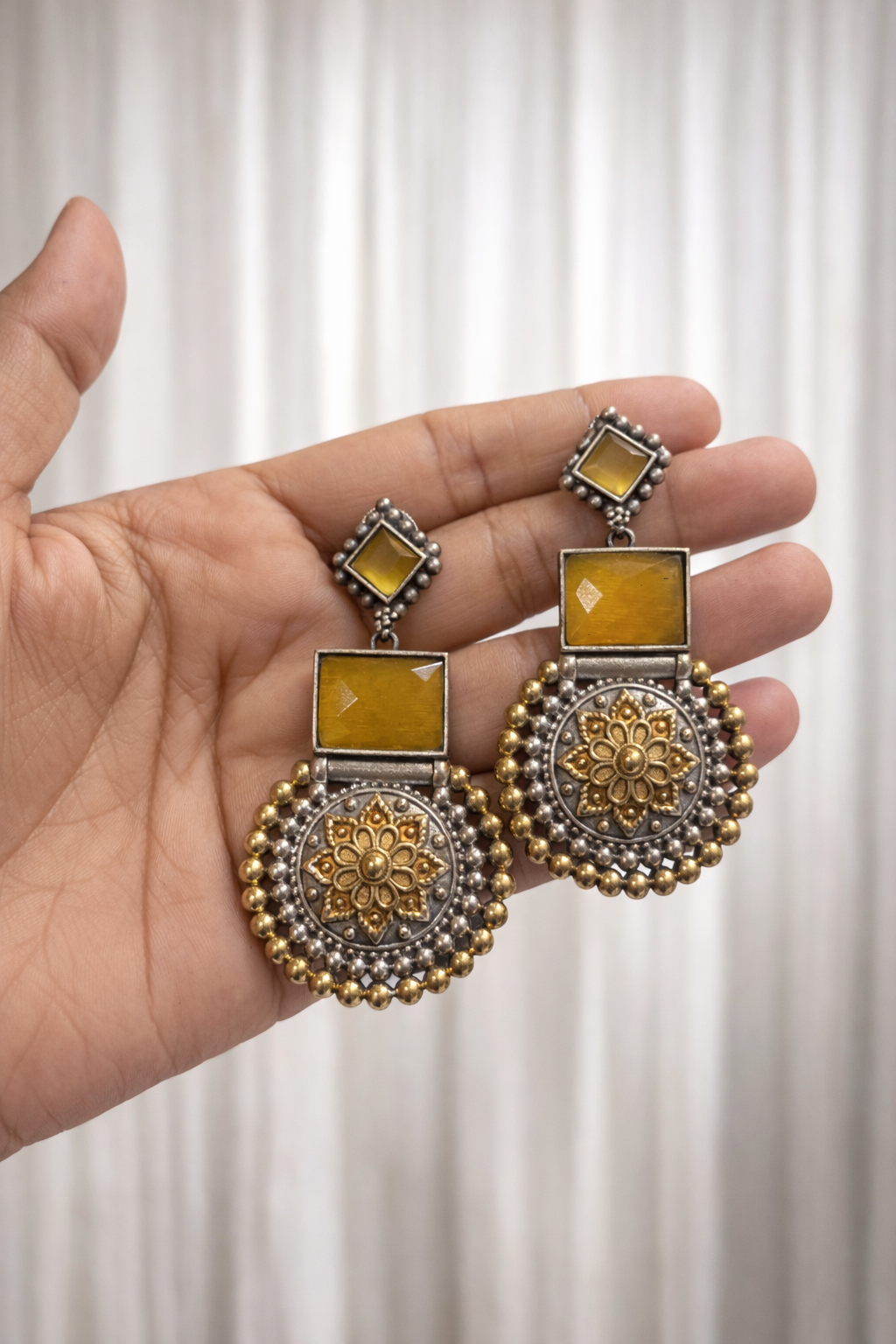 🌼 Gulraaj Silvera Bloom Earrings – Marigold Motif Statement Jewellery