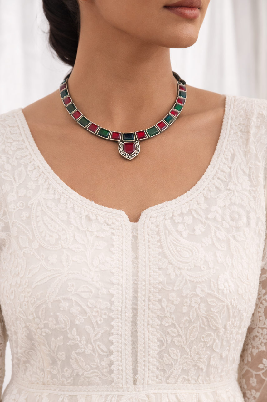 ✨ Navrangi Shyla Choker – Multicolour Stone Silver‑Finish Statement Necklace
