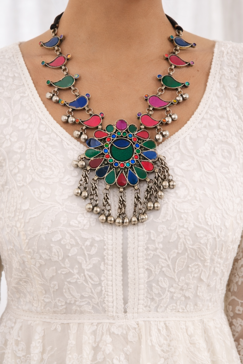 ✨ Zareen Navrangi Afghani Haar – Tribal Multicolour Statement Necklace