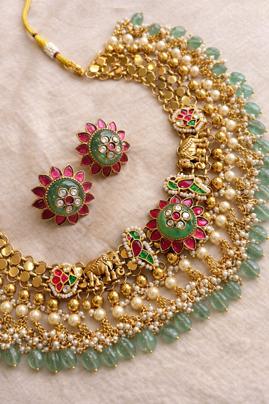 👑 Hazoori Rangratna Set – Sage Green & Ruby Heritage Necklace