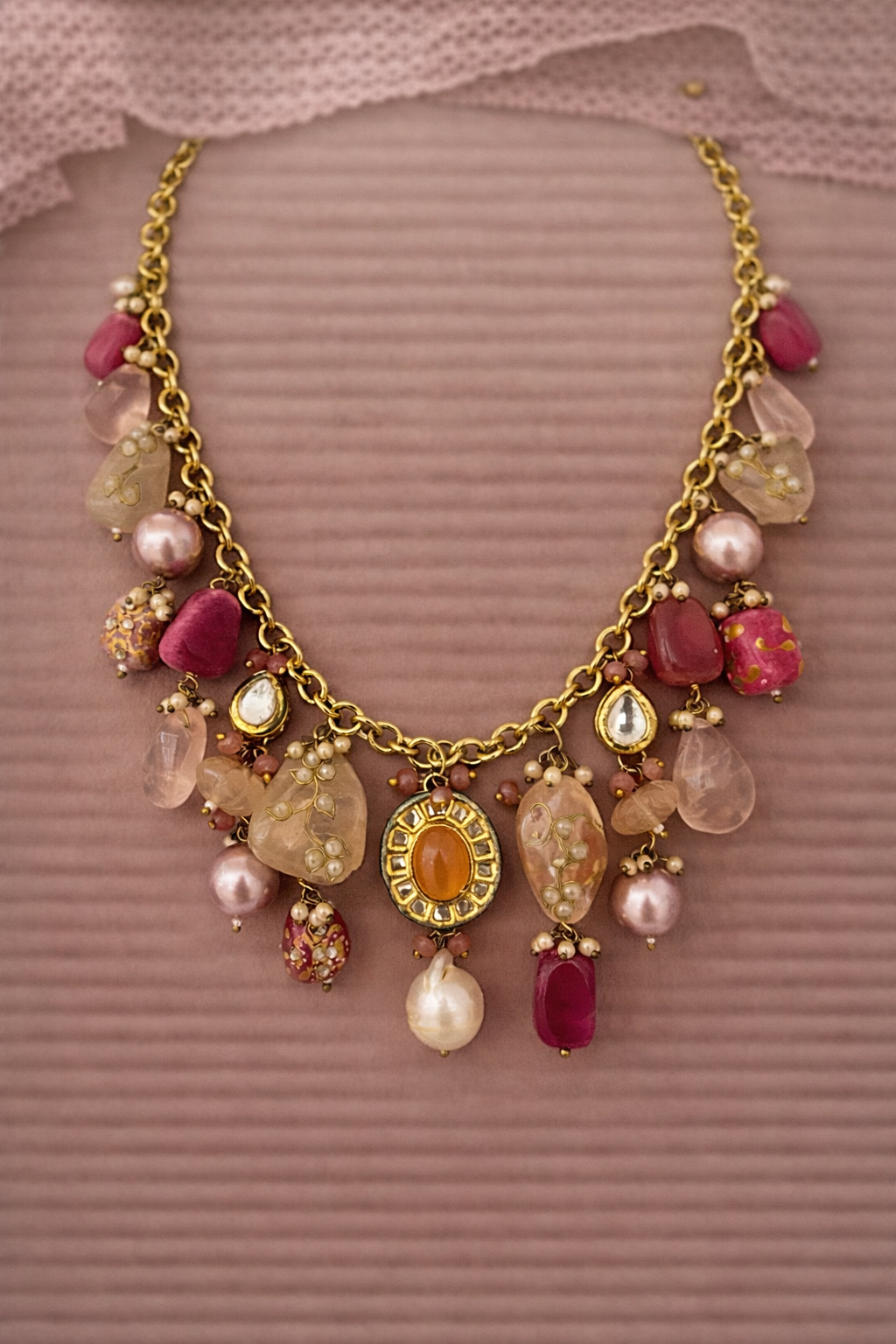 👑 GulRatna Quartz Kundan Haar – Natural Rose Quartz Design