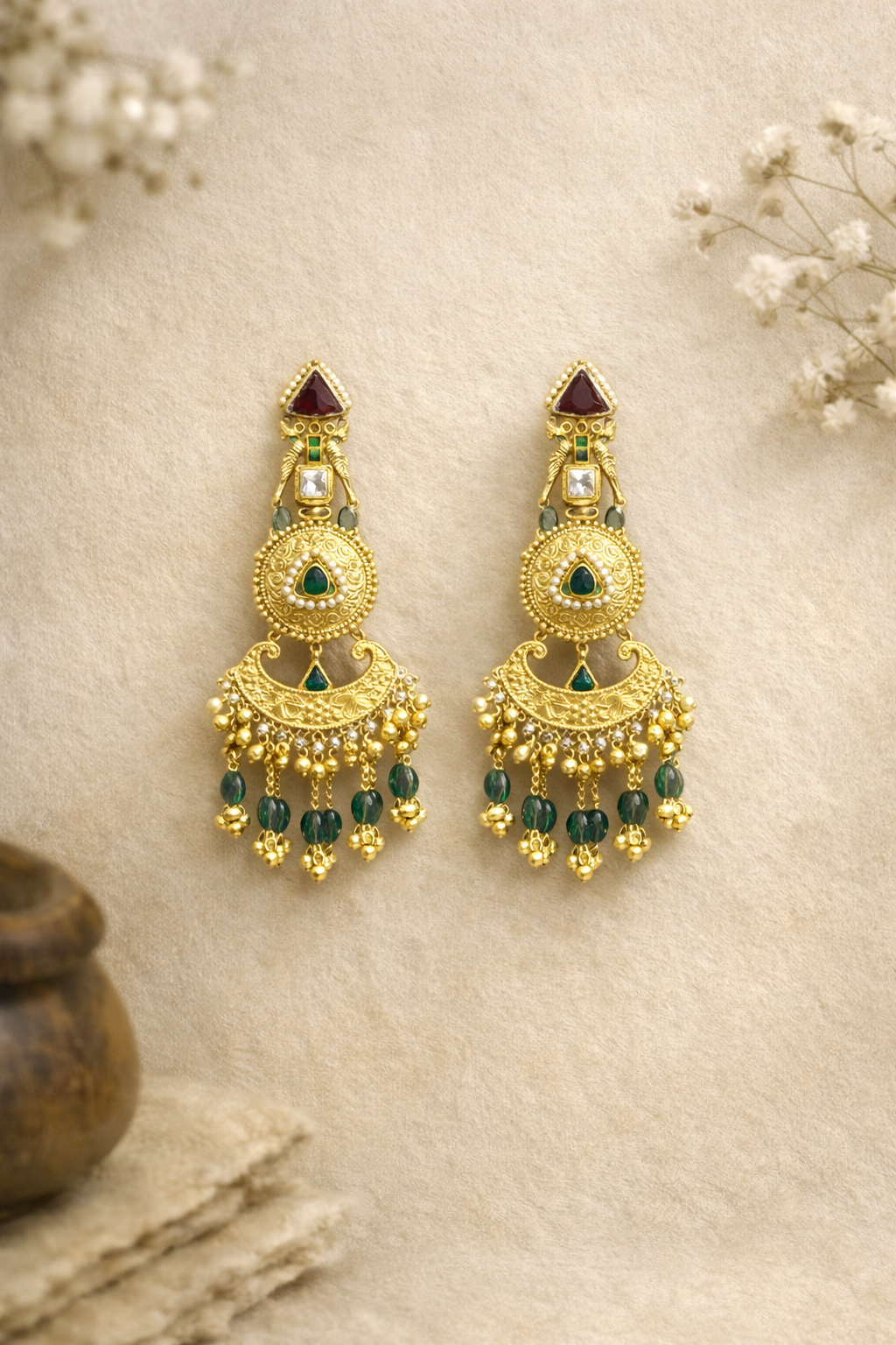 Suvira Chandrika Traditional Kundan Drop Earrings with Green Beads