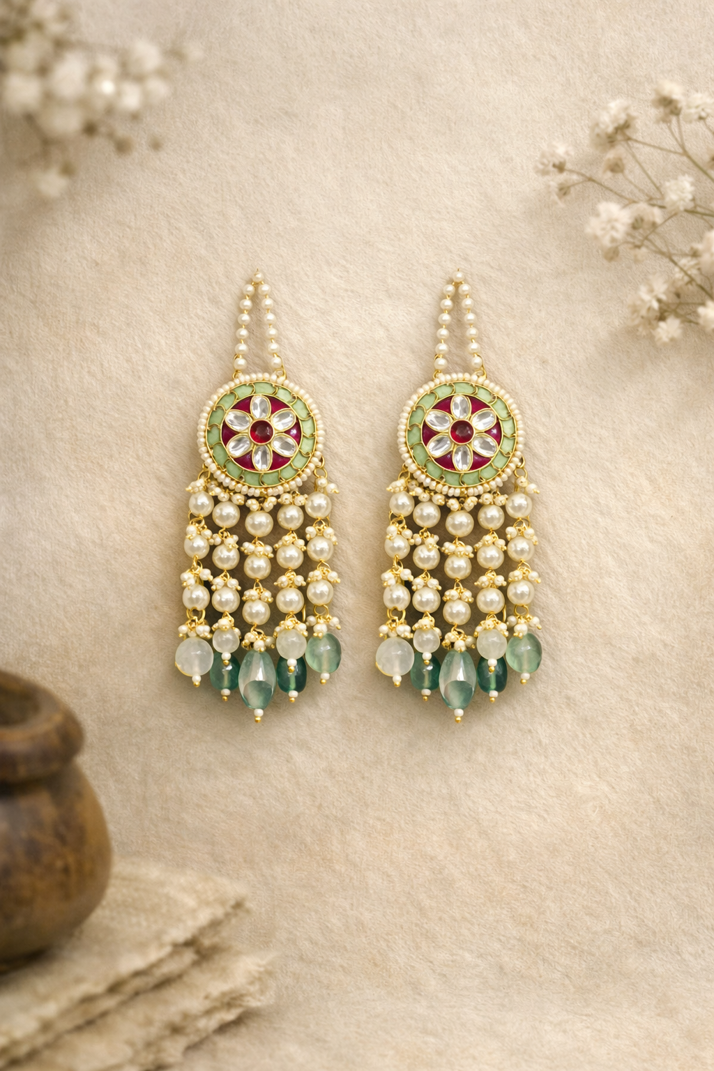 Traditional Kundan Pearl Drop Earrings with Green Beads