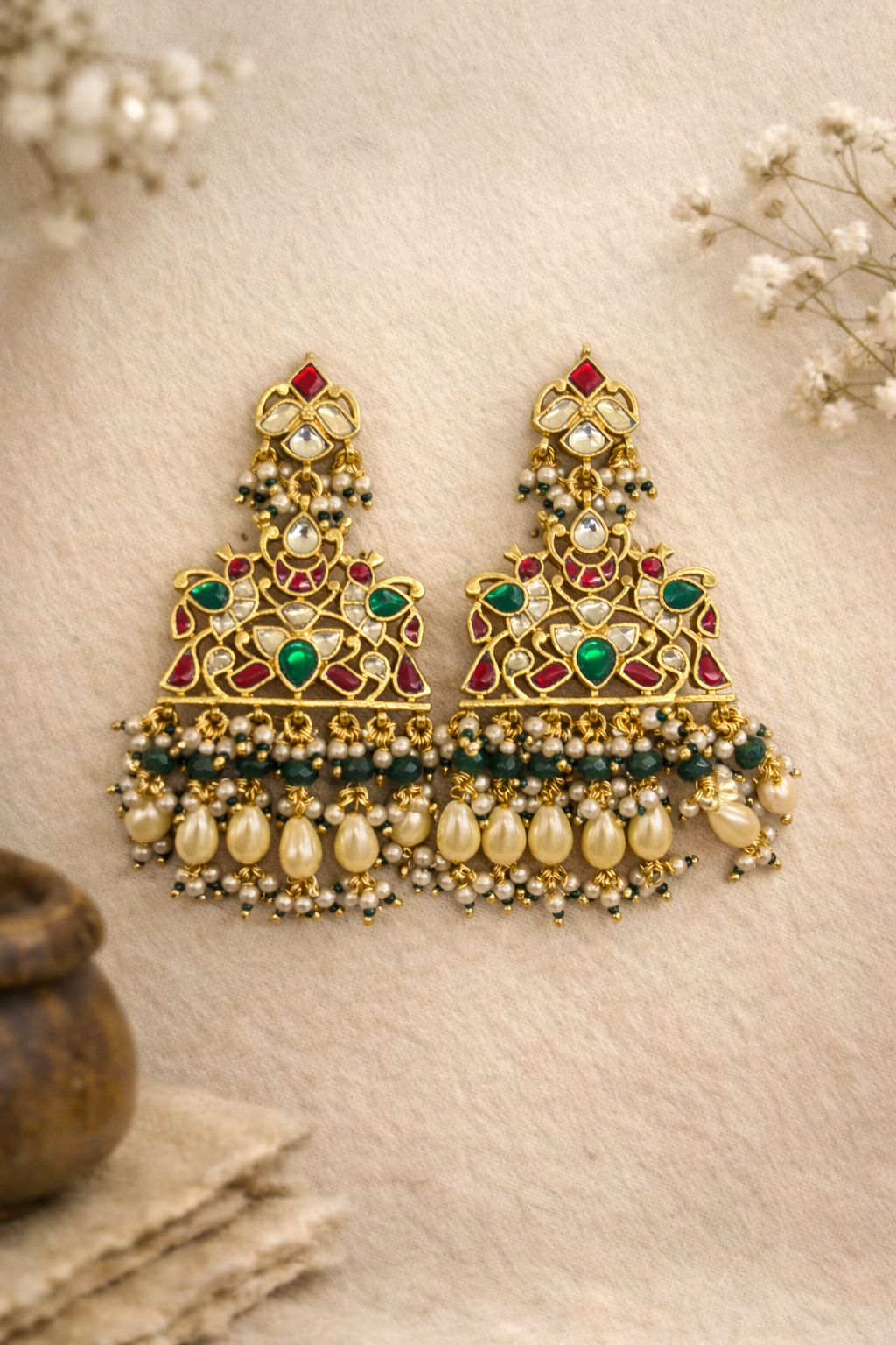Traditional Kundan Pearl Drop Statement Earrings- Made to order