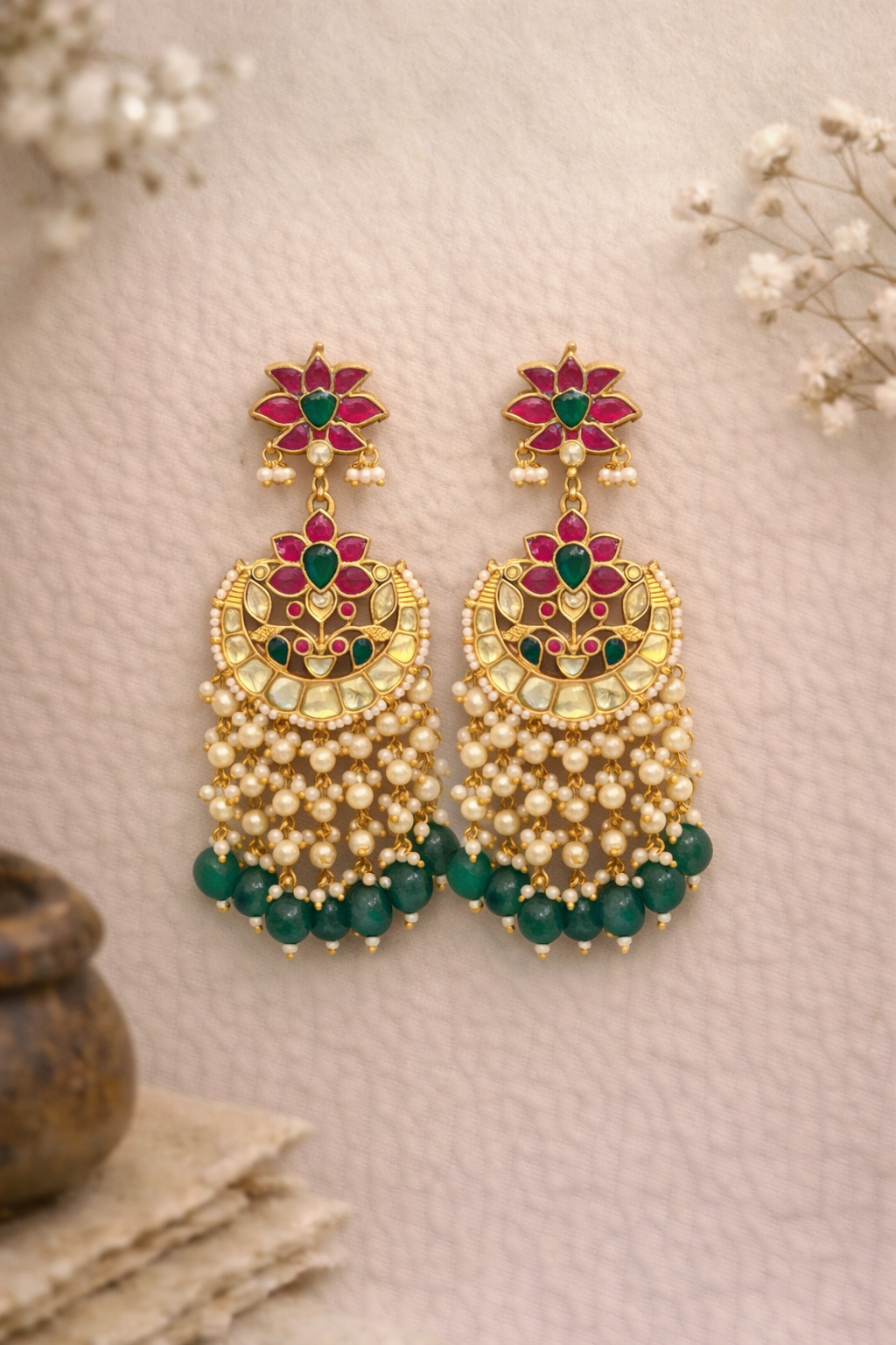 Padma-Moonga Kundan Chandbali Earrings