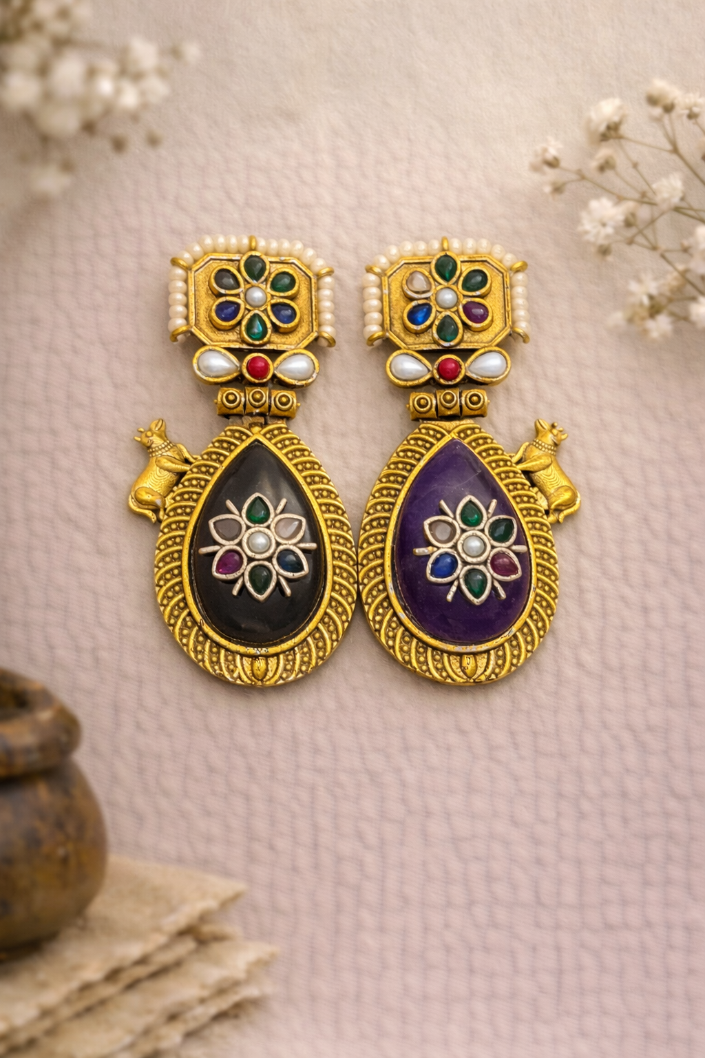 Navratna Gaja-Teardrop Temple Earrings