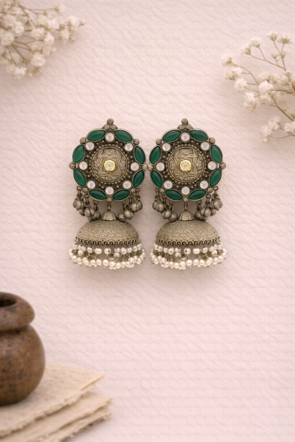 Emerald Chakra oversized jhumkas