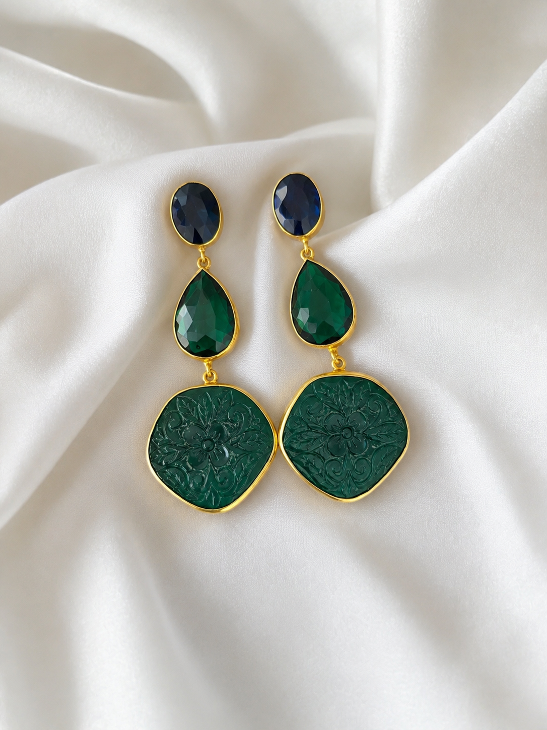 Verde Carved Emerald Long Earrings
