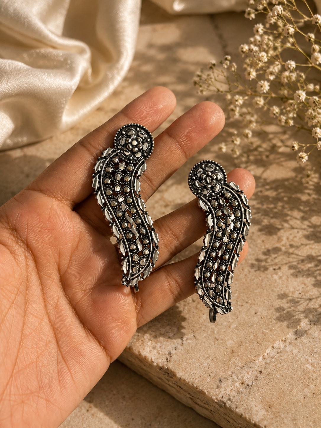 Oxidized Silver Paisley Ear Cuffs | Statement Ear Climbers