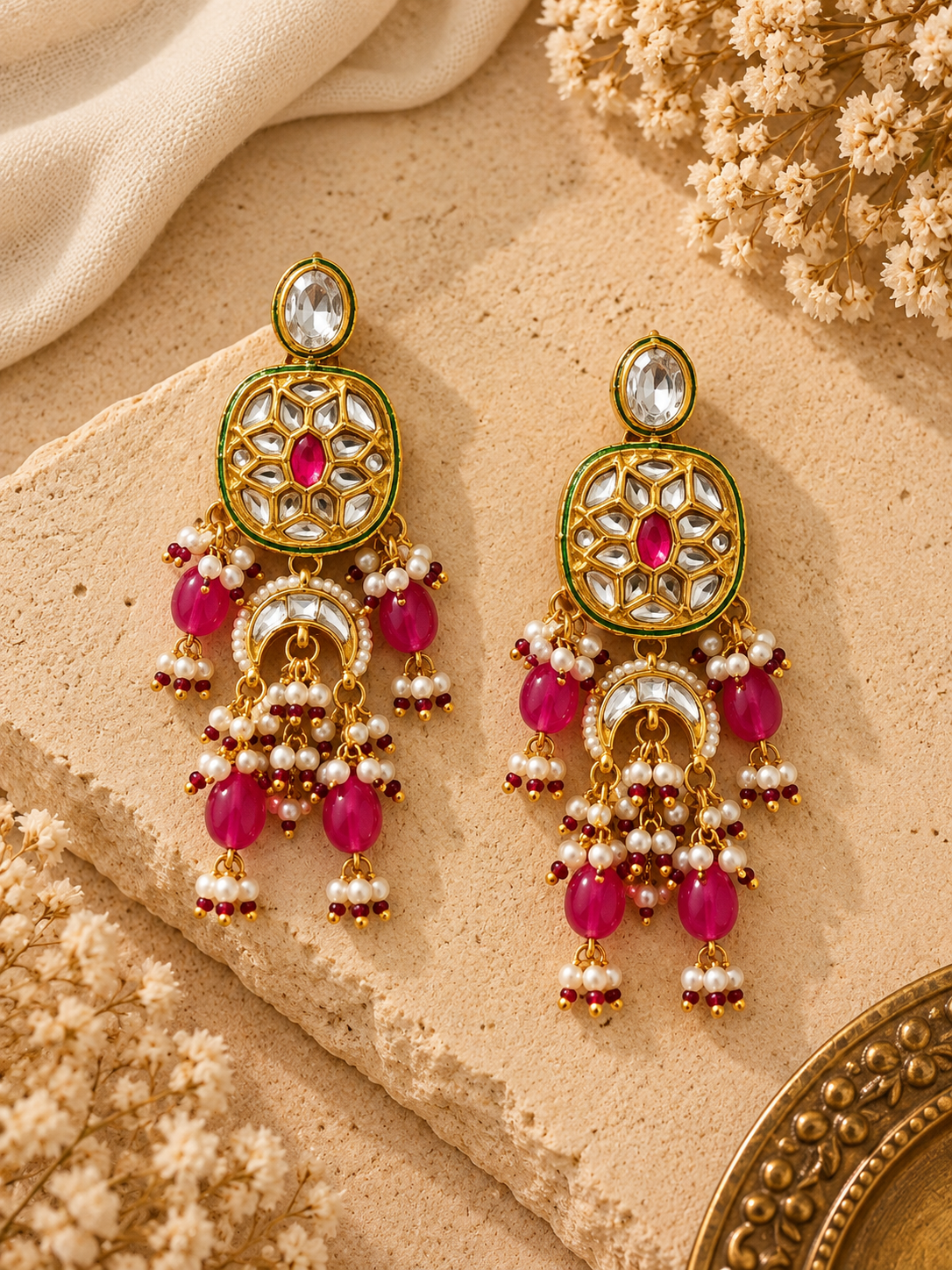 Traditional Kundan Pearl Drop Earrings with ruby beads