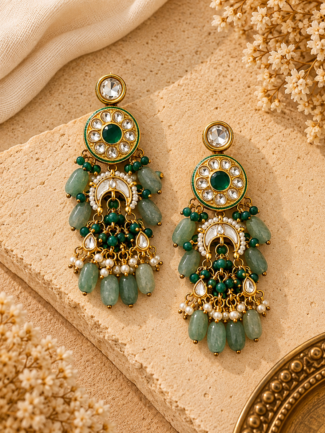 Zareen Green Stone Earrings | Statement Indian Earrings