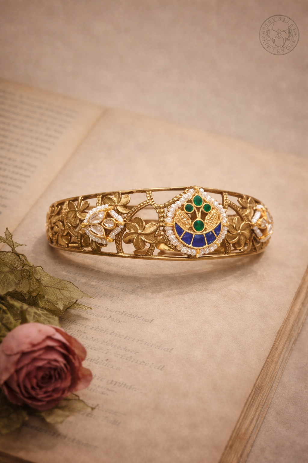 Fusion German Silver Bangle with Pachi Kundan Motifs