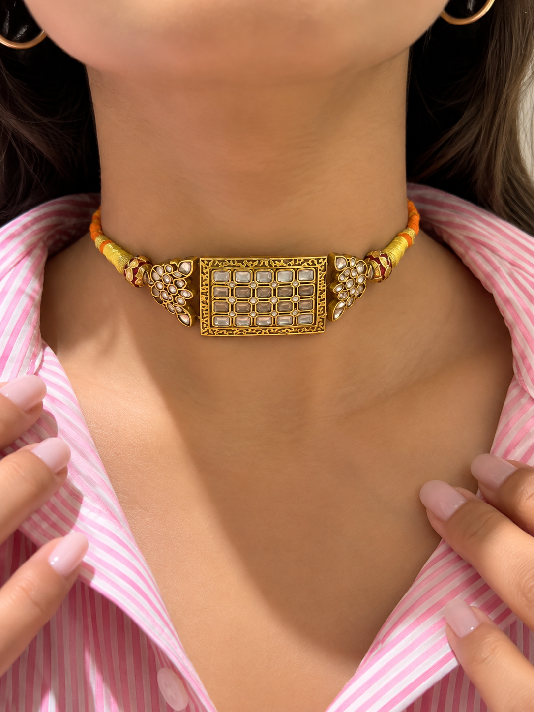 Gulnaar multicolour Kundan and Meenakari-inspired choker with red green stones and pearl detailing
