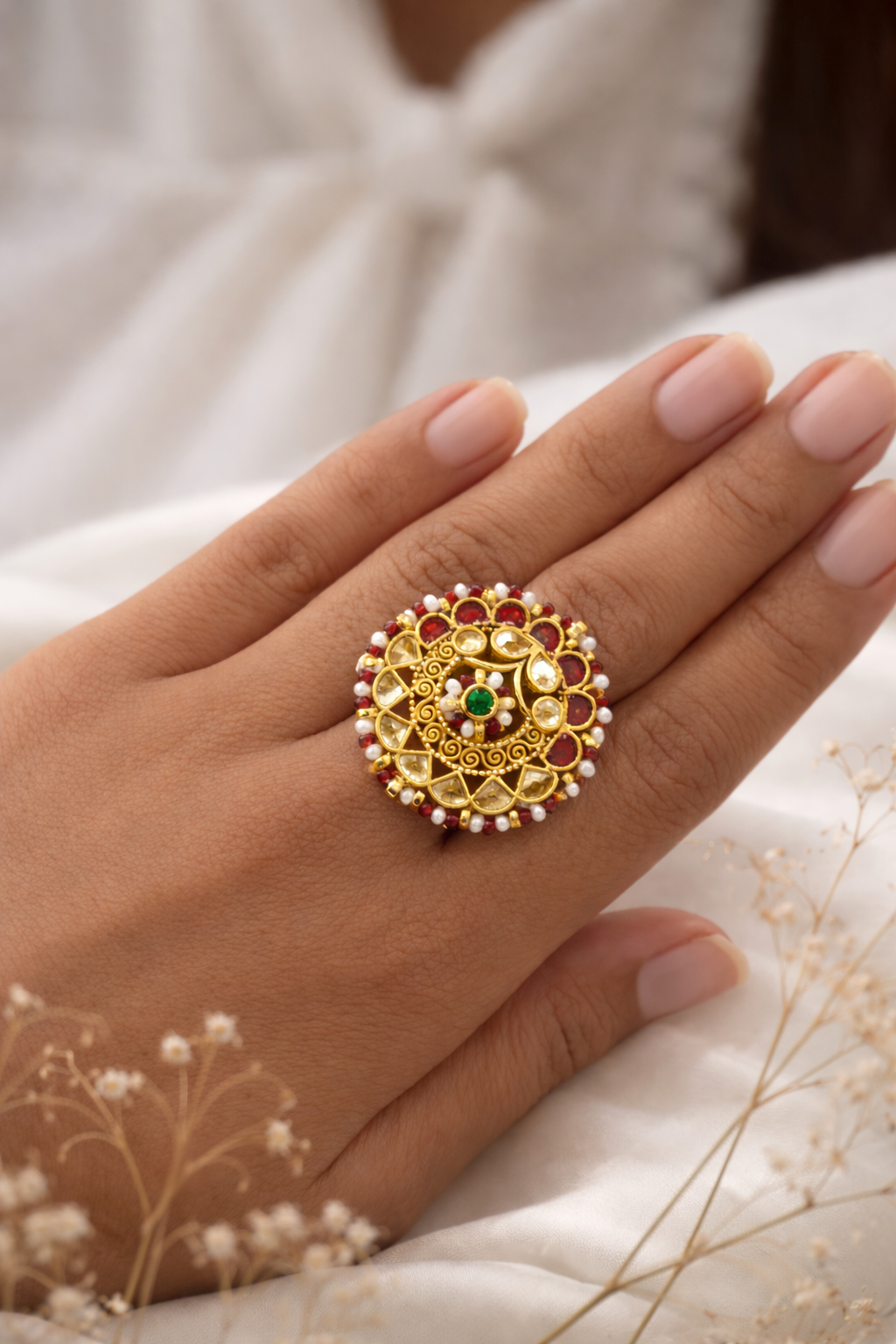 Gold ring with gemstones on a hand against a soft background