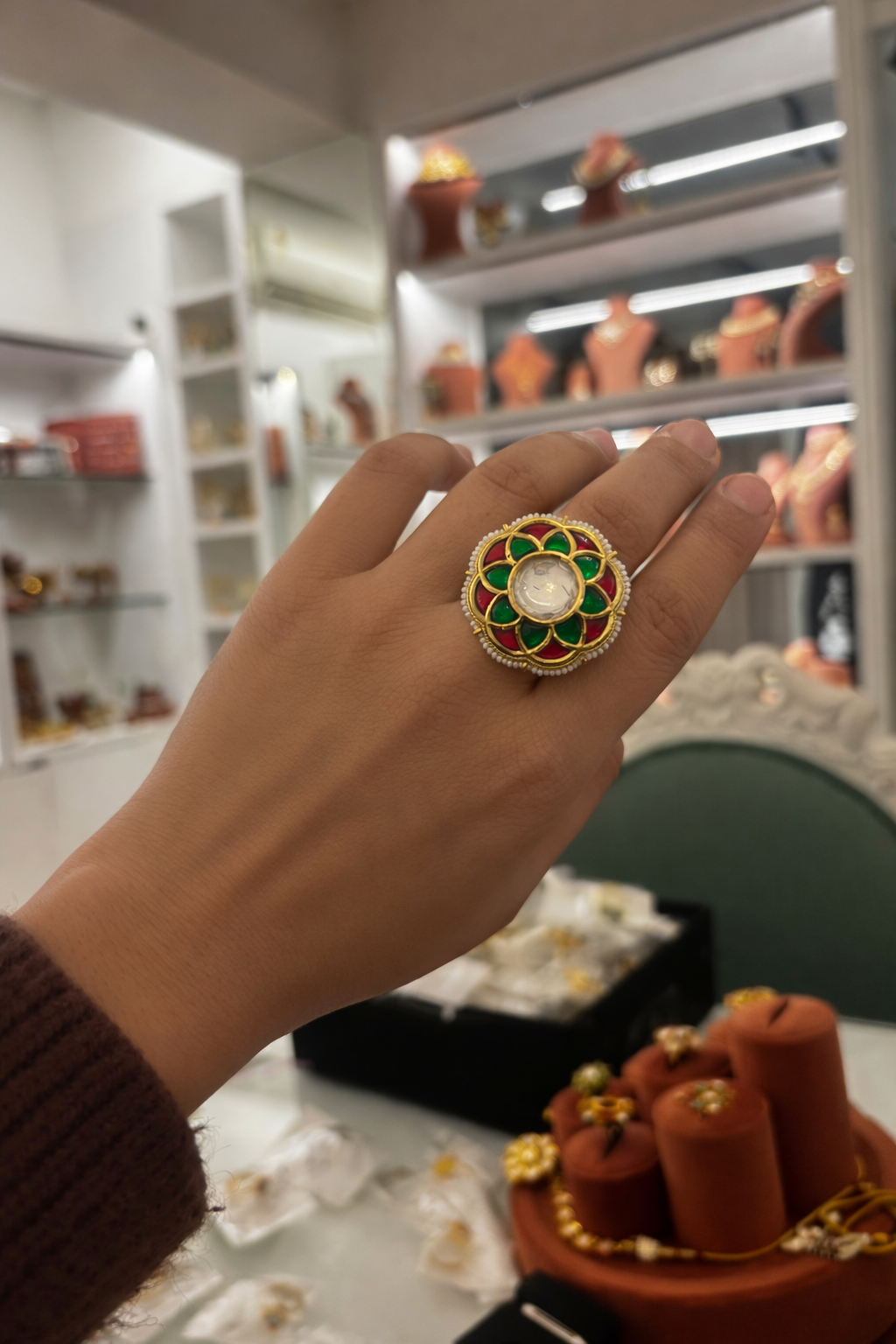 Ruhara Ratna Kundan Ring – Ruby & Emerald Heritage Statement Jewellery (adjustable)