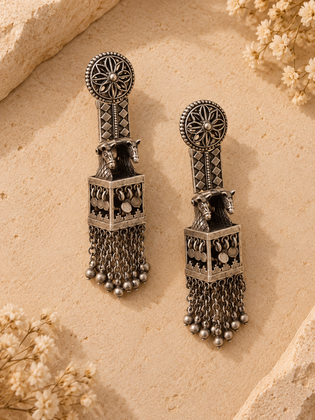 A pair of ornate silver-toned dangle earrings with intricate filigree, horse motifs, and dangling chain beads, displayed on a textured beige stone surface with dried flowers.