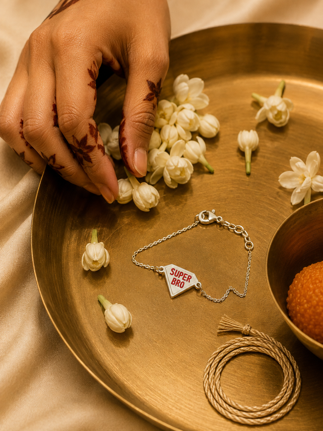 925 Sterling Silver Super Bro Rakhi bracelet displayed on a festive brass thali with jasmine flowers for Raksha Bandhan gifting.