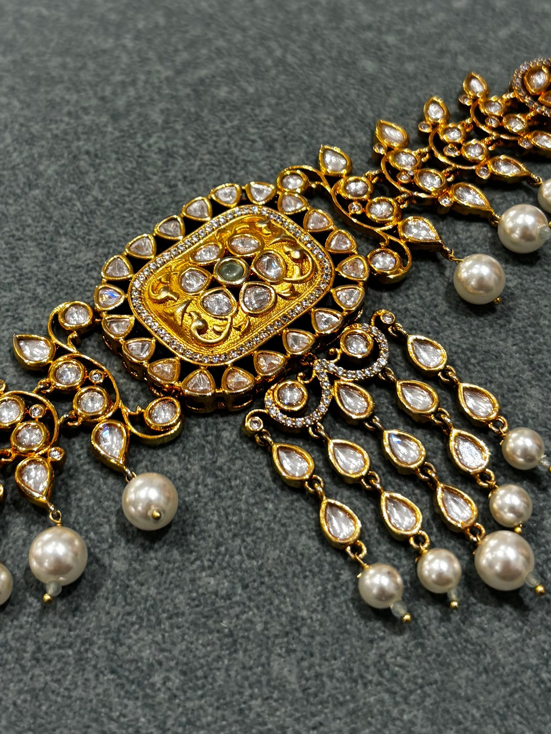 Victorian polki choker necklace with pearl drops and matching earrings in an antique gold finish.