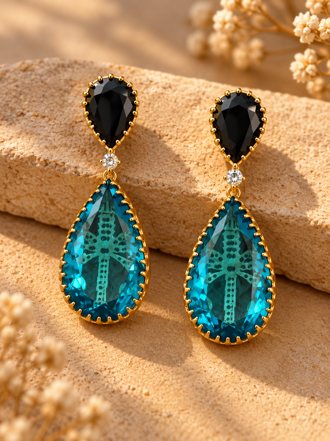 A pair of gold drop earrings with large teardrop-shaped bright blue gemstones and smaller black teardrop stones at the top, displayed on a sandy surface with dried flowers.