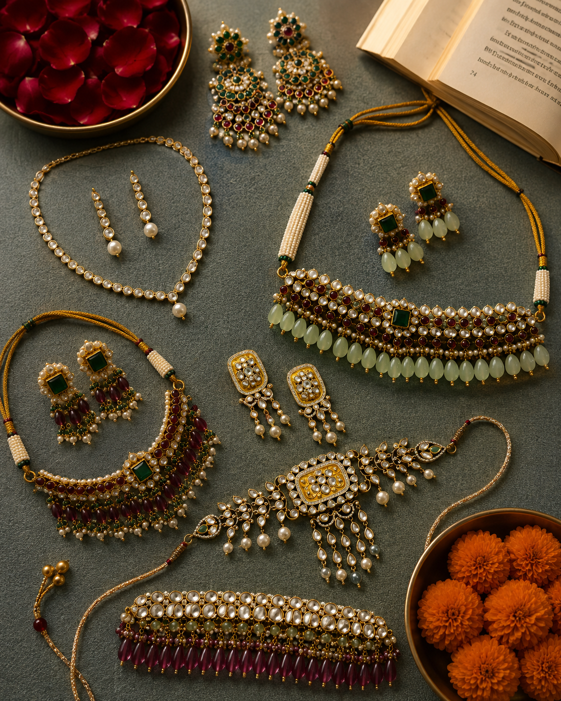 Victorian polki choker necklace with pearl drops and matching earrings in an antique gold finish.